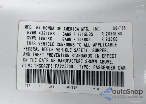 2015 Honda Accord Sport from USA, damaged, VIN 1HGCR2F51FA220639